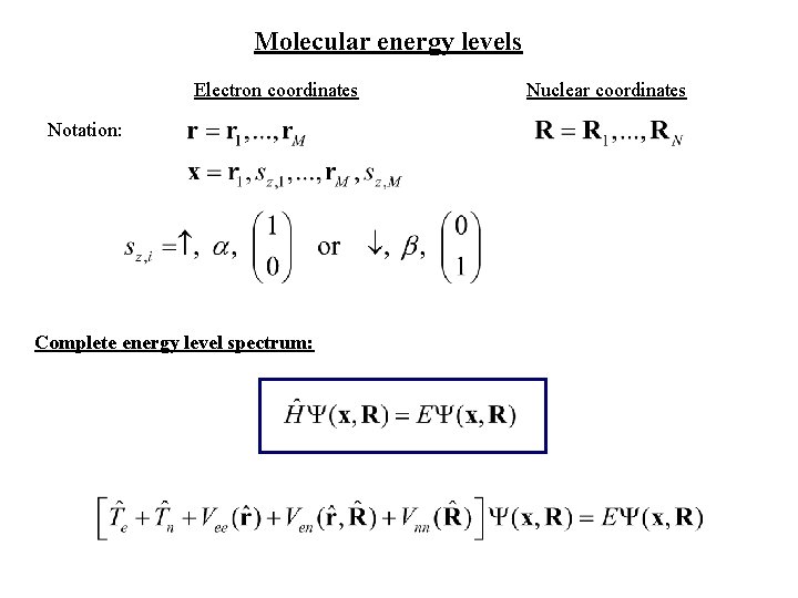 Molecular energy levels Electron coordinates Notation: Complete energy level spectrum: Nuclear coordinates 