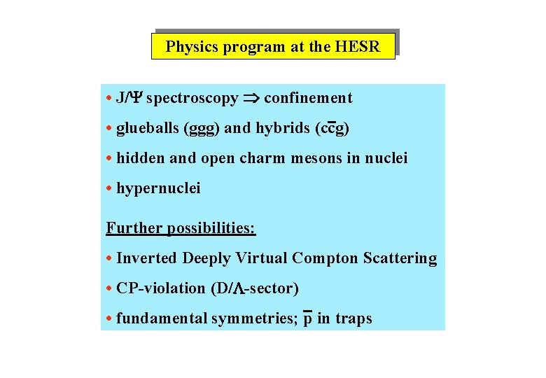 Physics program at the HESR • J/ spectroscopy confinement • glueballs (ggg) and hybrids