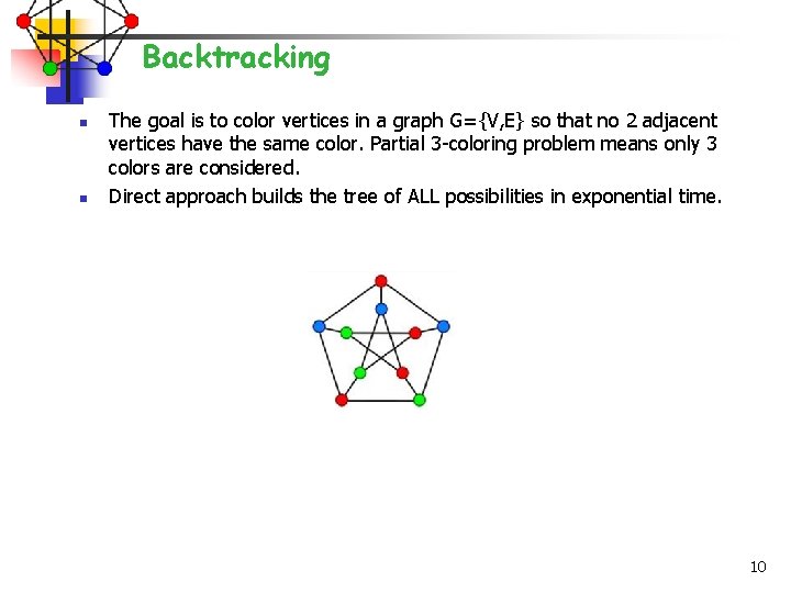 Backtracking n n The goal is to color vertices in a graph G={V, E}