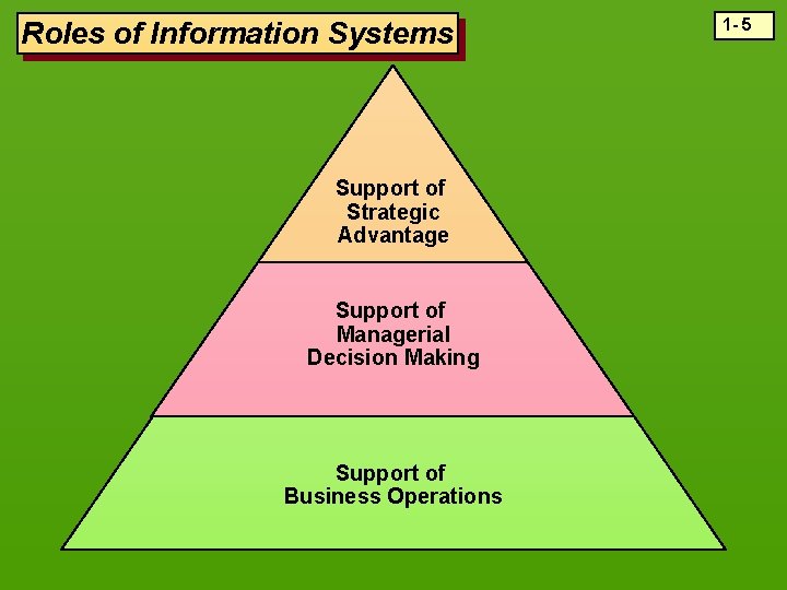 Roles of Information Systems Support of Strategic Advantage Support of Managerial Decision Making Support