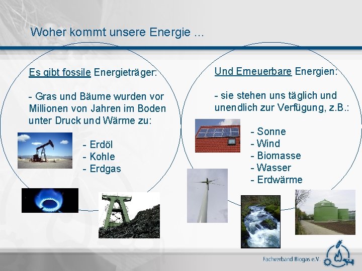 Woher kommt unsere Energie. . . Es gibt fossile Energieträger: Und Erneuerbare Energien: -