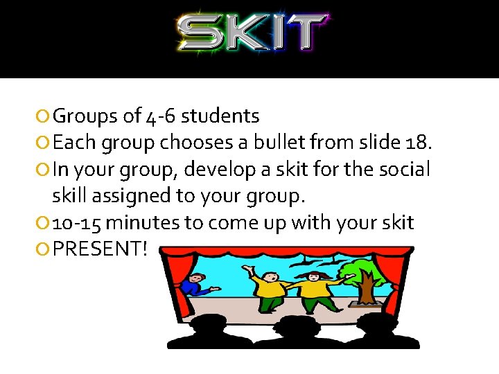  Groups of 4 -6 students Each group chooses a bullet from slide 18.