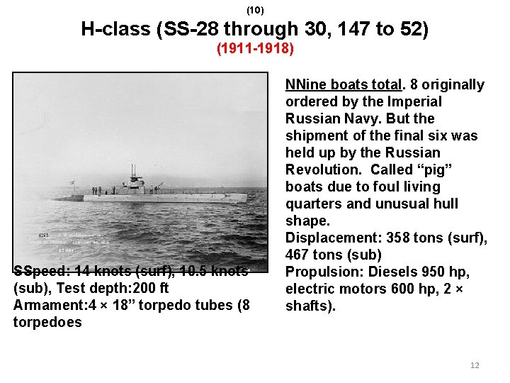 (10) H-class (SS-28 through 30, 147 to 52) (1911 -1918) SSpeed: 14 knots (surf),