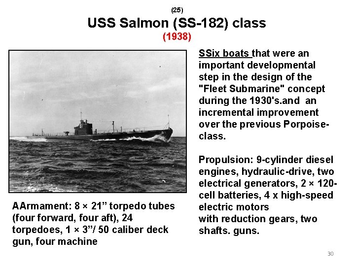 (25) USS Salmon (SS-182) class (1938) SSix boats that were an important developmental step