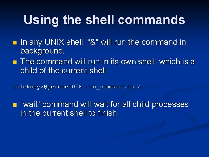 Using the shell commands n n In any UNIX shell, “&” will run the