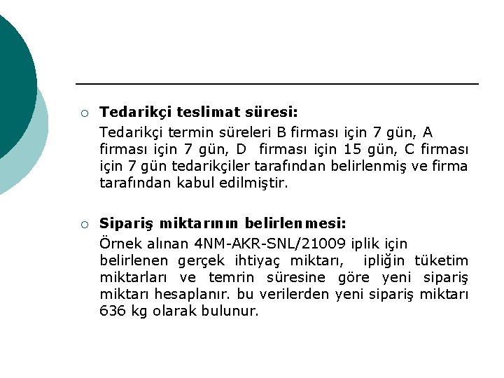 ¡ Tedarikçi teslimat süresi: Tedarikçi termin süreleri B firması için 7 gün, A firması