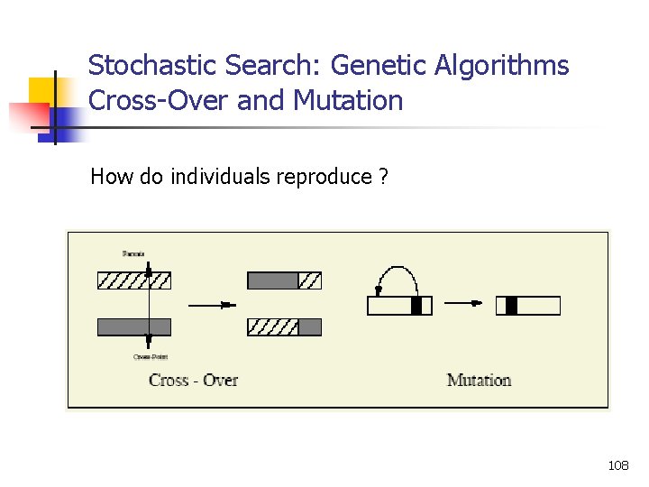 Stochastic Search: Genetic Algorithms Cross-Over and Mutation How do individuals reproduce ? 108 