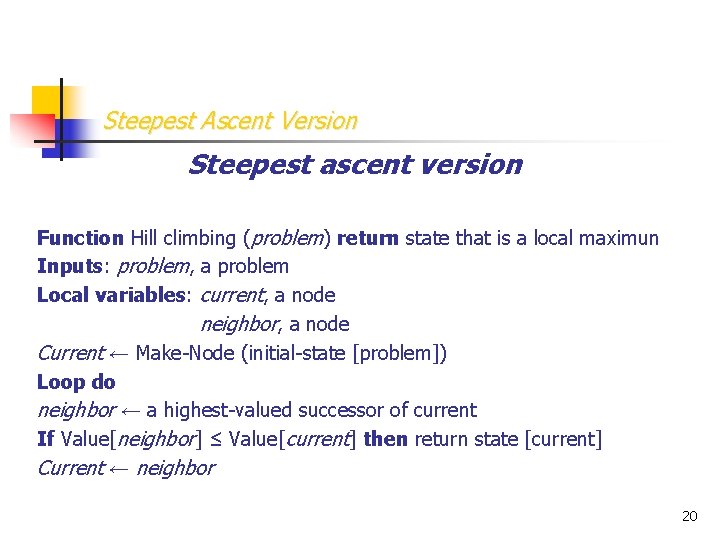 Steepest Ascent Version Steepest ascent version Function Hill climbing (problem) return state that is