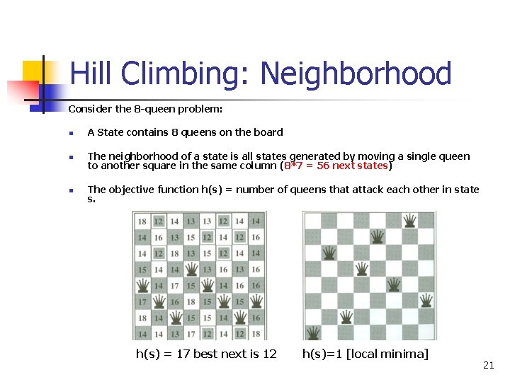 Hill Climbing: Neighborhood Consider the 8 -queen problem: n A State contains 8 queens