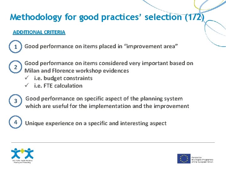 Methodology for good practices’ selection (1/2) ADDITIONAL CRITERIA 1 2 Good performance on items