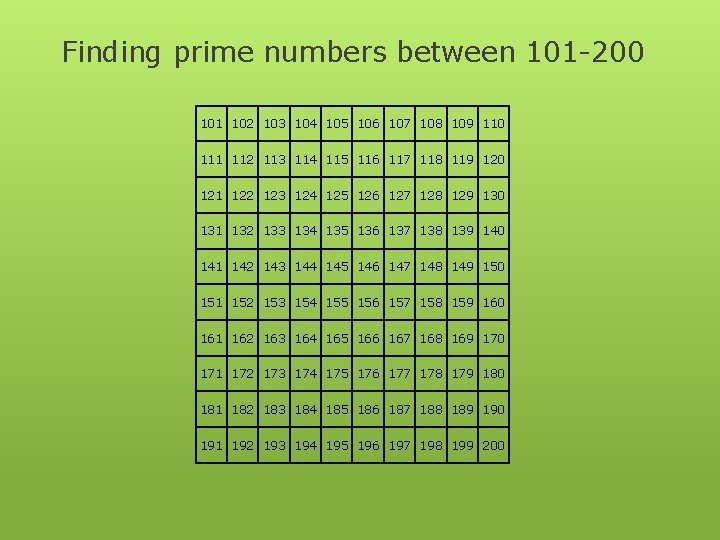 Finding prime numbers between 101 -200 101 102 103 104 105 106 107 108