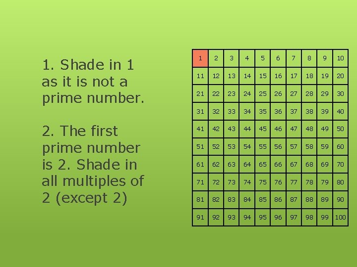 1. Shade in 1 as it is not a prime number. 2. The first
