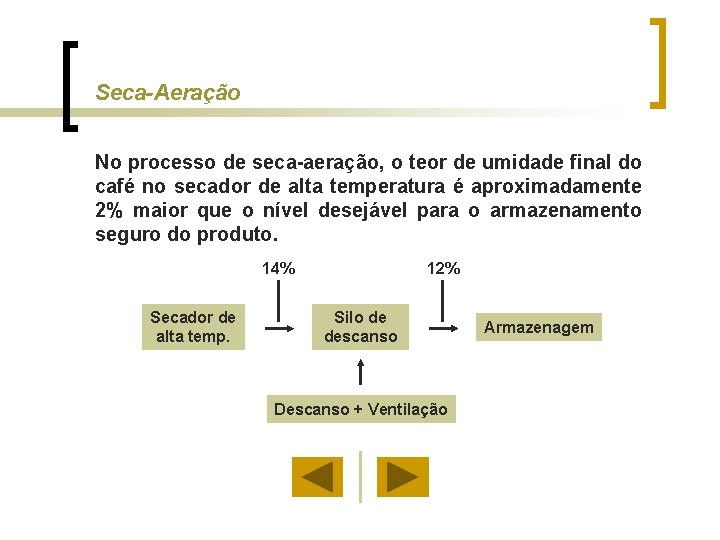 Seca-Aeração No processo de seca-aeração, o teor de umidade final do café no secador