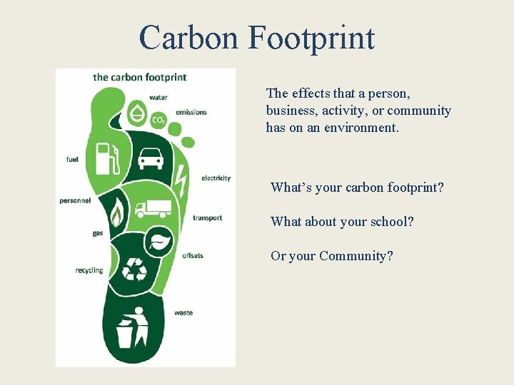 Carbon Footprint The effects that a person, business, activity, or community has on an