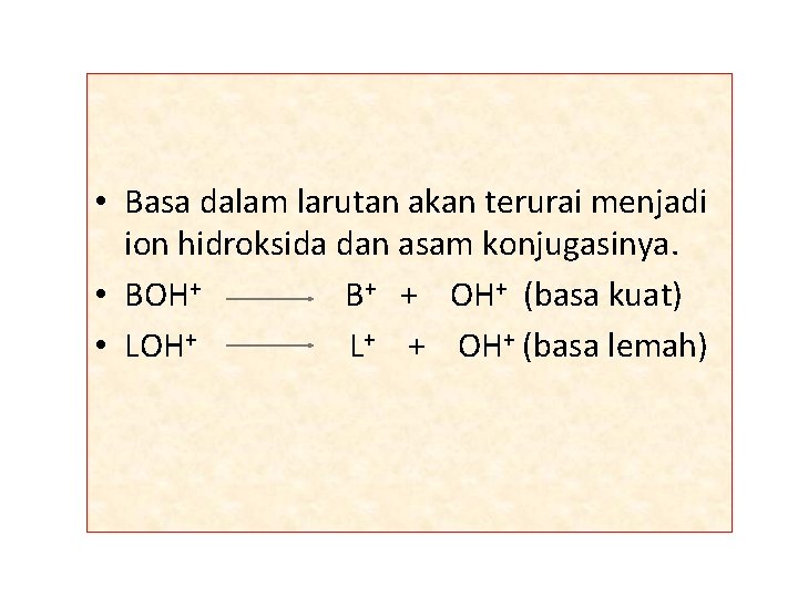  • Basa dalam larutan akan terurai menjadi ion hidroksida dan asam konjugasinya. •