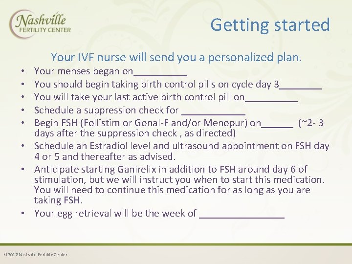 Getting started Your IVF nurse will send you a personalized plan. Your menses began