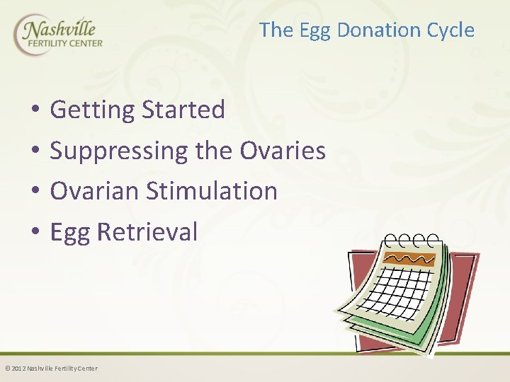 The Egg Donation Cycle • • Getting Started Suppressing the Ovaries Ovarian Stimulation Egg