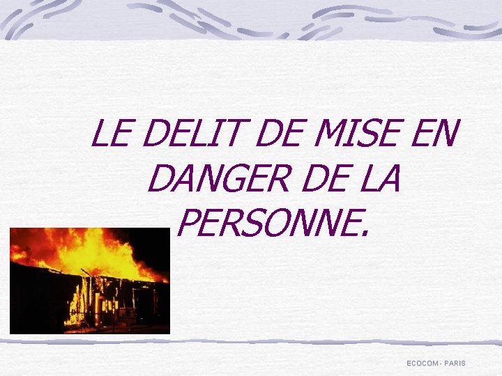 LE DELIT DE MISE EN DANGER DE LA PERSONNE. ECOCOM - PARIS 