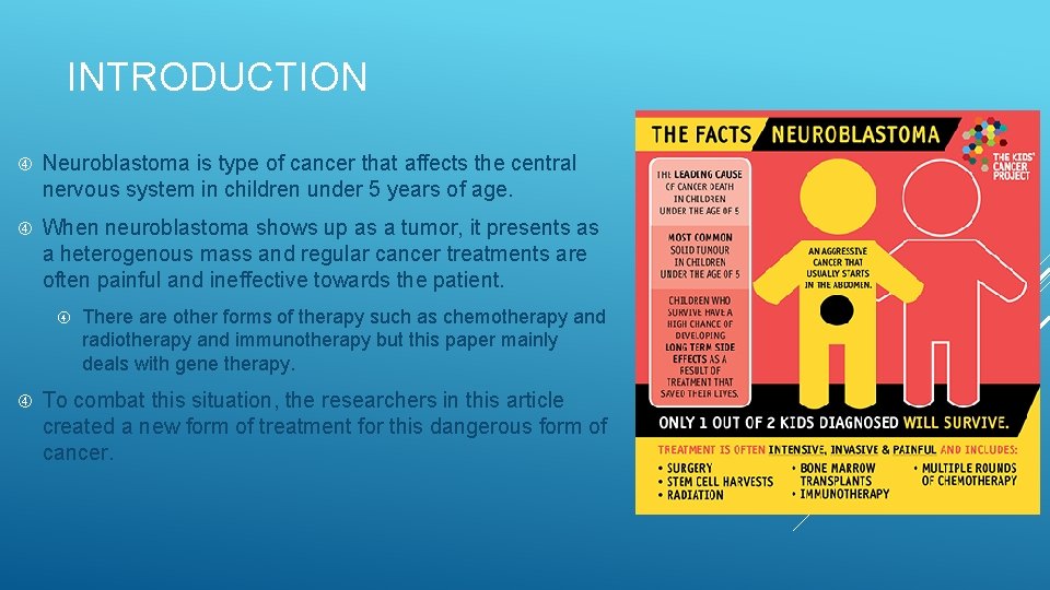 INTRODUCTION Neuroblastoma is type of cancer that affects the central nervous system in children