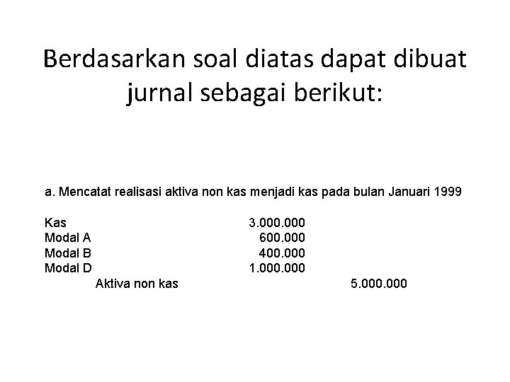 Berdasarkan soal diatas dapat dibuat jurnal sebagai berikut: a. Mencatat realisasi aktiva non kas
