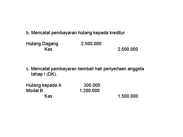 b. Mencatat pembayaran hutang kepada kreditur Hutang Dagang Kas 2. 500. 000 c. Mencatat