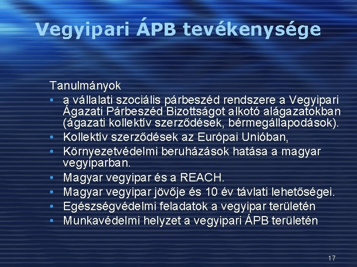 Vegyipari ÁPB tevékenysége Tanulmányok • a vállalati szociális párbeszéd rendszere a Vegyipari Ágazati Párbeszéd