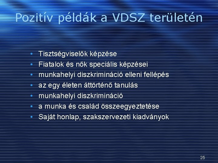 Pozitív példák a VDSZ területén • • Tisztségviselők képzése Fiatalok és nők speciális képzései