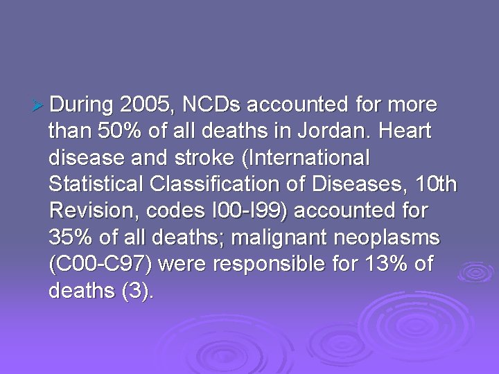 Ø During 2005, NCDs accounted for more than 50% of all deaths in Jordan.