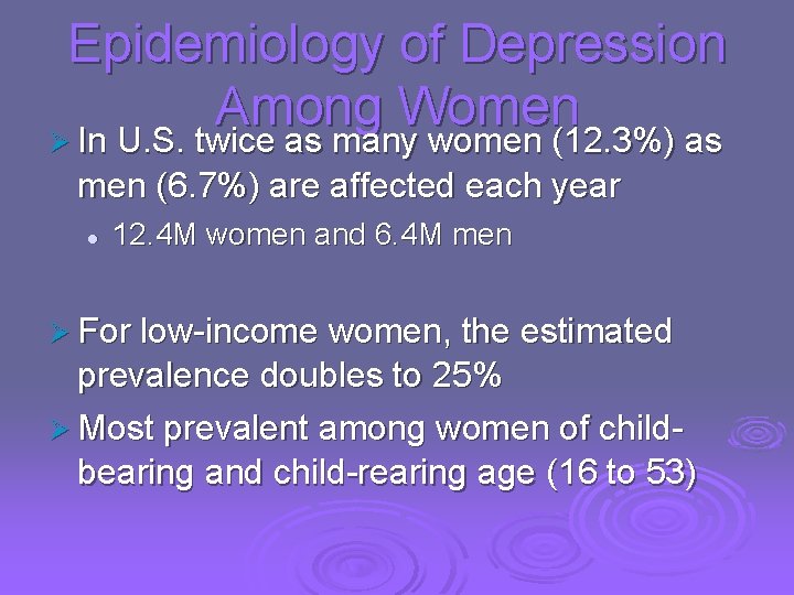 Epidemiology of Depression Among Women Ø In U. S. twice as many women (12.