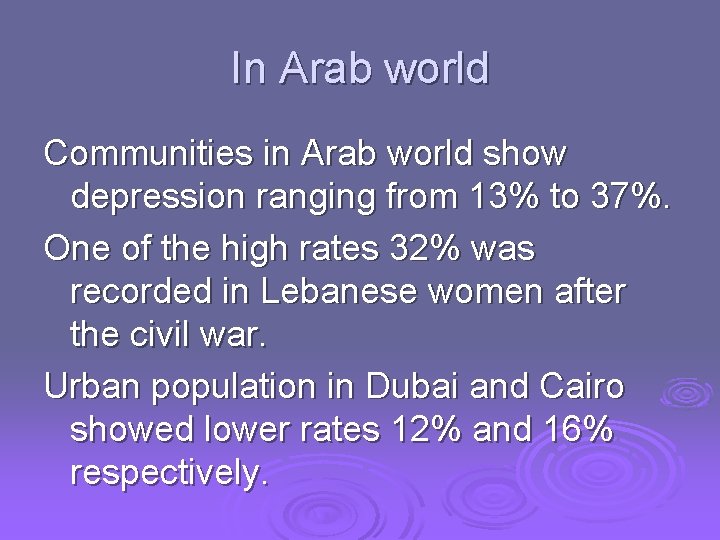 In Arab world Communities in Arab world show depression ranging from 13% to 37%.