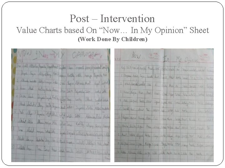 Post – Intervention Value Charts based On “Now… In My Opinion” Sheet (Work Done