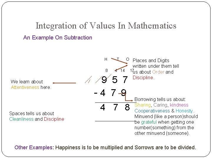 Integration of Values In Mathematics An Example On Subtraction H 8 We learn about