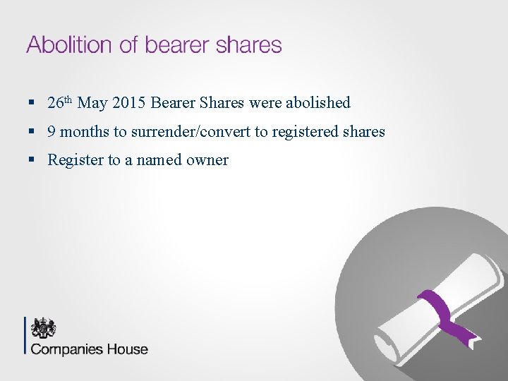 § 26 th May 2015 Bearer Shares were abolished § 9 months to surrender/convert