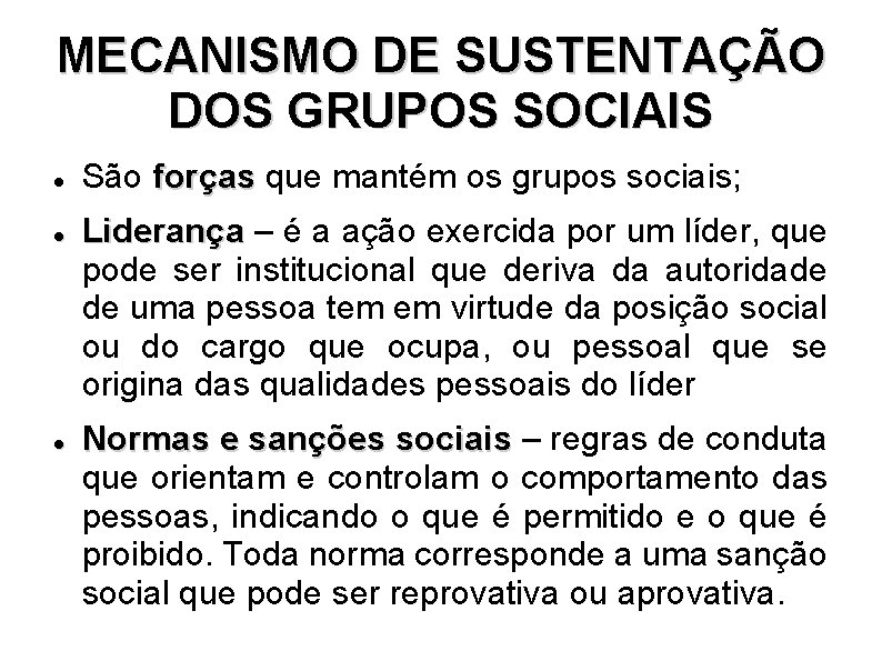 MECANISMO DE SUSTENTAÇÃO DOS GRUPOS SOCIAIS São forças que mantém os grupos sociais; Liderança