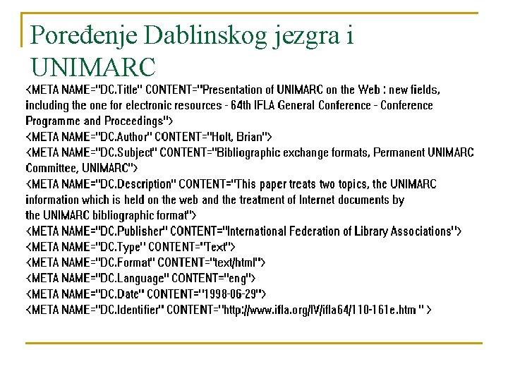 Poređenje Dablinskog jezgra i UNIMARC 