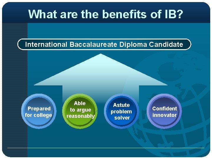 What are the benefits of IB? International Baccalaureate Diploma Candidate Prepared for college Able