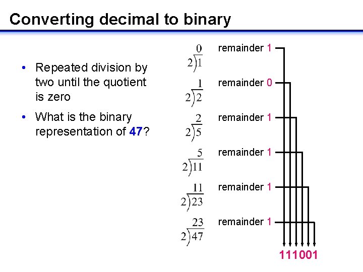 Converting decimal to binary remainder 1 • Repeated division by two until the quotient