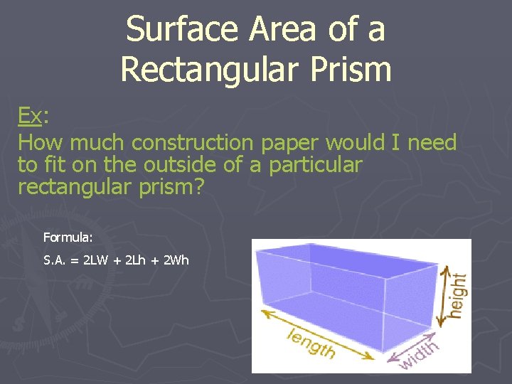 Surface Area of a Rectangular Prism Ex: How much construction paper would I need