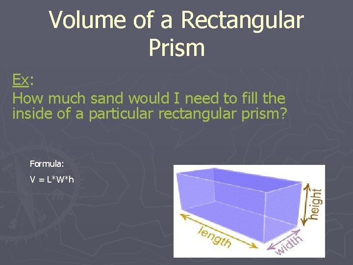 Volume of a Rectangular Prism Ex: How much sand would I need to fill