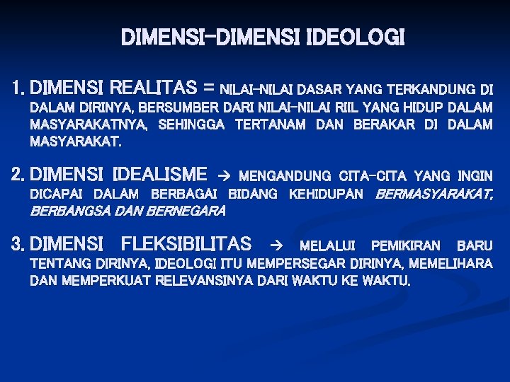 DIMENSI-DIMENSI IDEOLOGI 1. DIMENSI REALITAS = NILAI-NILAI DASAR YANG TERKANDUNG DI DALAM DIRINYA, BERSUMBER