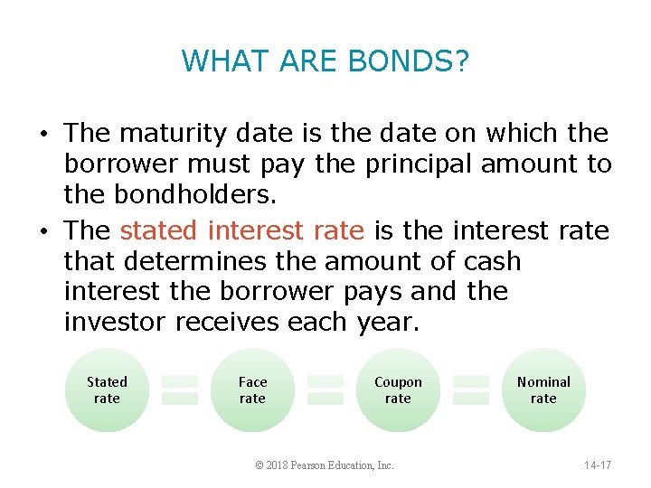 WHAT ARE BONDS? • The maturity date is the date on which the borrower