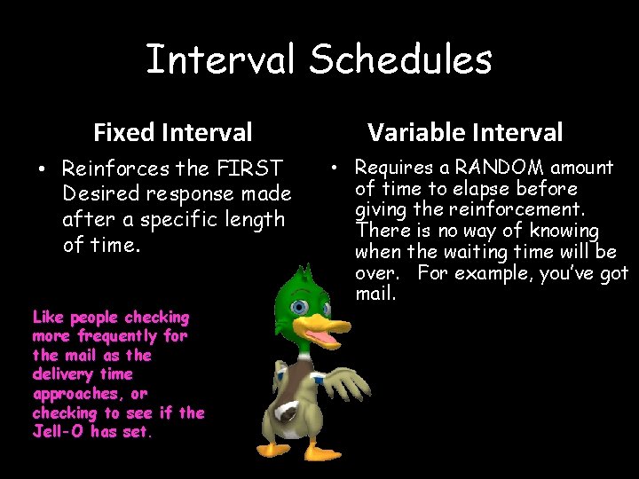 Interval Schedules Fixed Interval • Reinforces the FIRST Desired response made after a specific