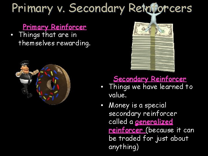 Primary v. Secondary Reinforcers Primary Reinforcer • Things that are in themselves rewarding. Secondary
