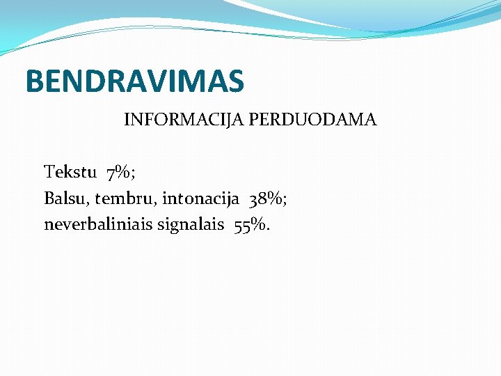 BENDRAVIMAS INFORMACIJA PERDUODAMA Tekstu 7%; Balsu, tembru, intonacija 38%; neverbaliniais signalais 55%. 