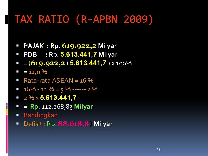 TAX RATIO (R-APBN 2009) PAJAK : Rp. 619. 922, 2 Milyar PDB : Rp.