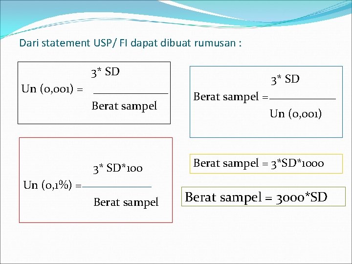 Dari statement USP/ FI dapat dibuat rumusan : 3* SD Un (0, 001) =