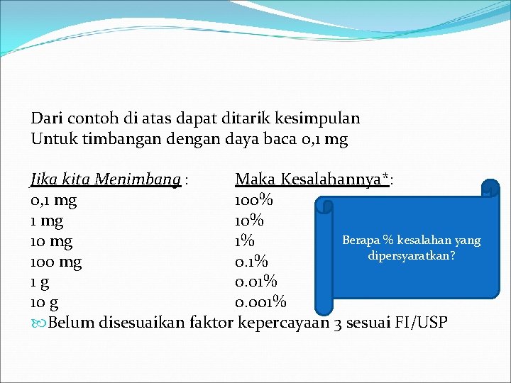 Dari contoh di atas dapat ditarik kesimpulan Untuk timbangan dengan daya baca 0, 1