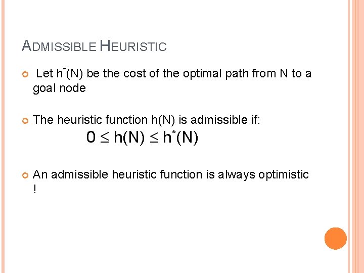 ADMISSIBLE HEURISTIC Let h*(N) be the cost of the optimal path from N to