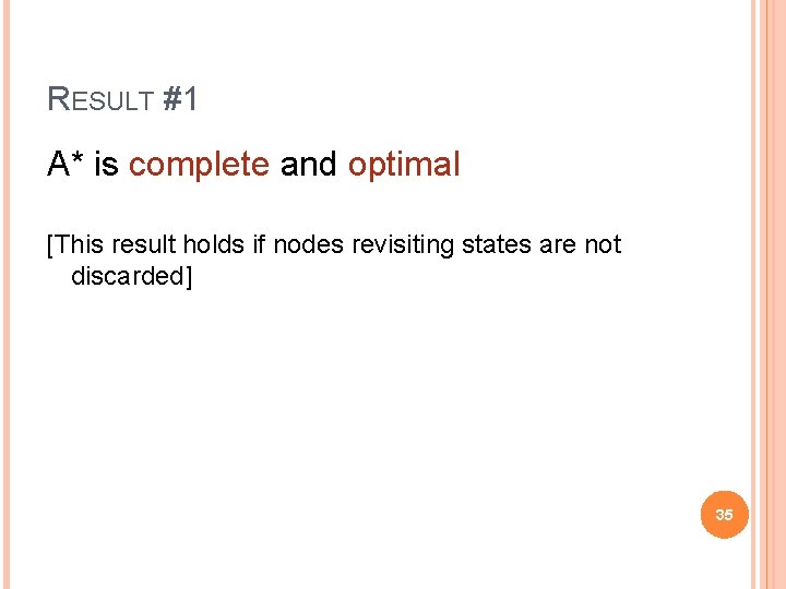 RESULT #1 A* is complete and optimal [This result holds if nodes revisiting states