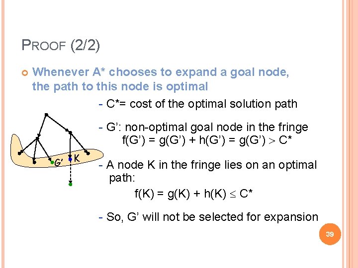 PROOF (2/2) Whenever A* chooses to expand a goal node, the path to this